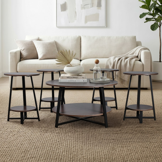 طقم طاولات خدمة 5 قطع خشبي بقاعدة معدنية 2 دور بني