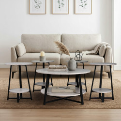 طقم طاولات خدمة 5 قطع خشبي بقاعدة معدنية 2 دور بيج