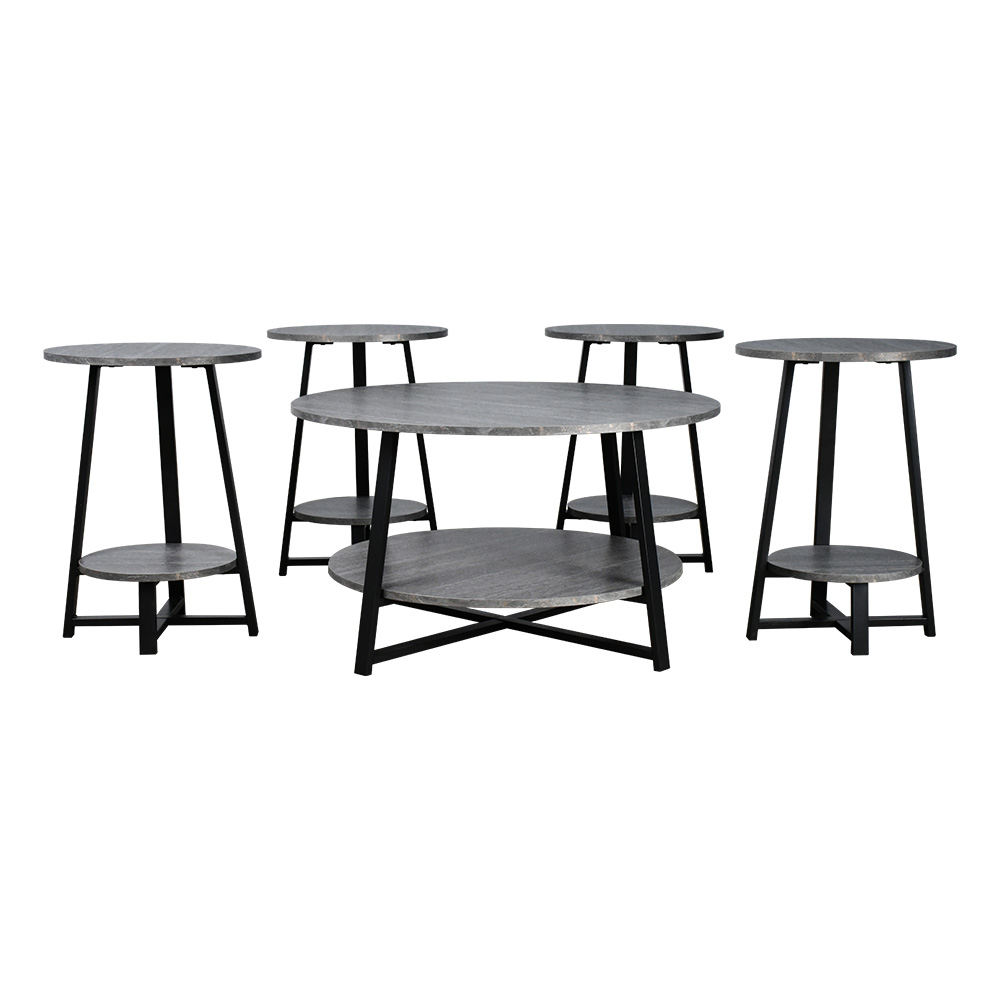 طقم طاولات خدمة 5 قطع خشبي بقاعدة معدنية 2 دور رمادي