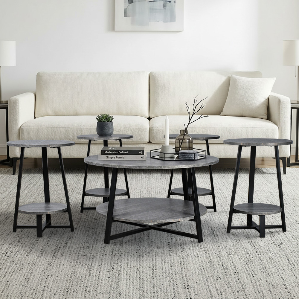 طقم طاولات خدمة 5 قطع خشبي بقاعدة معدنية 2 دور رمادي