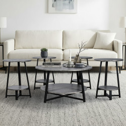 طقم طاولات خدمة 5 قطع خشبي بقاعدة معدنية 2 دور رمادي