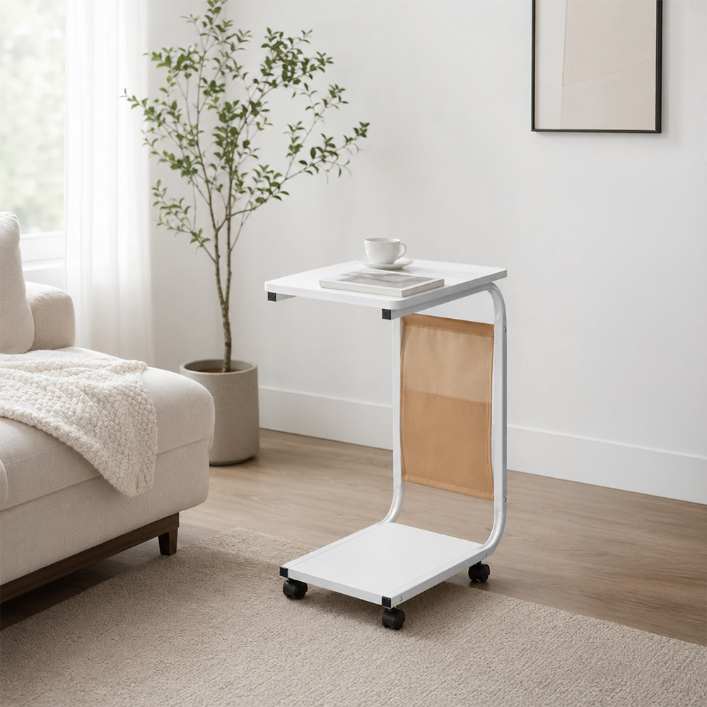 طاولة خدمة مفردة خشب متحركة أبيض