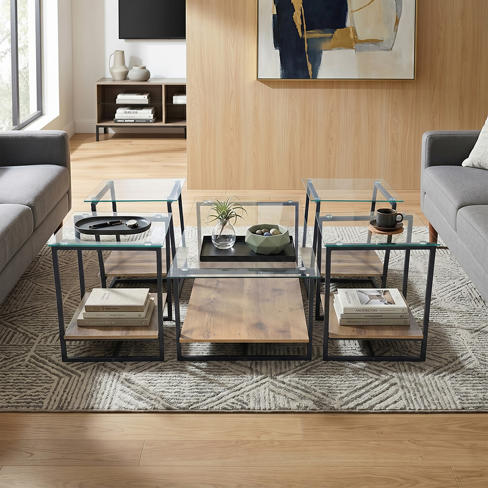 طقم طاولات خدمة 5 قطع 2 دور سطح زجاجي بني