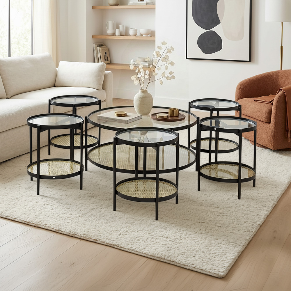 طقم طاولات خدمة 7 قطع 2 دور سطح زجاجي