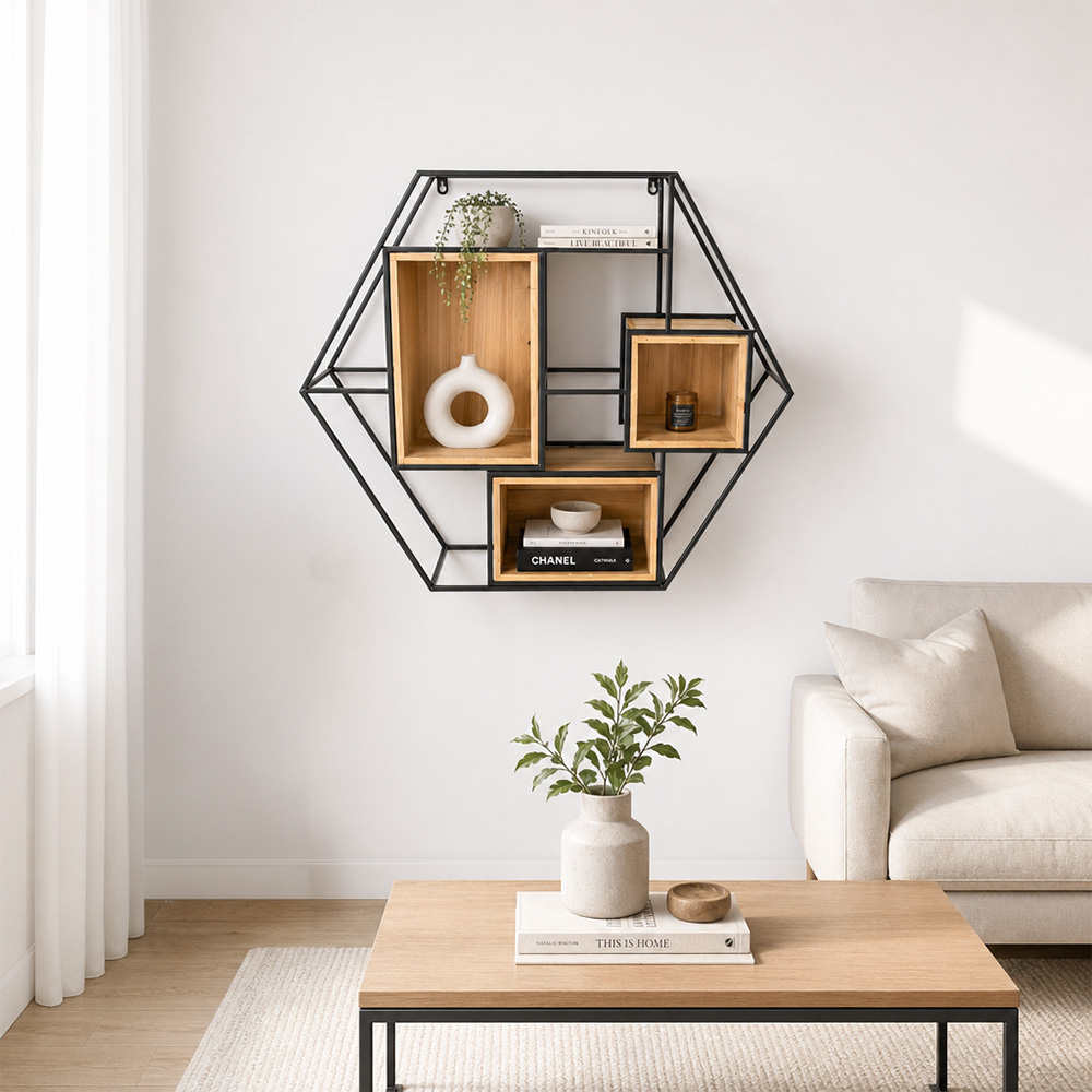 وحدة رفوف حائط خشب بهيكل معدني بني