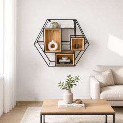 وحدة رفوف حائط خشب بهيكل معدني بني