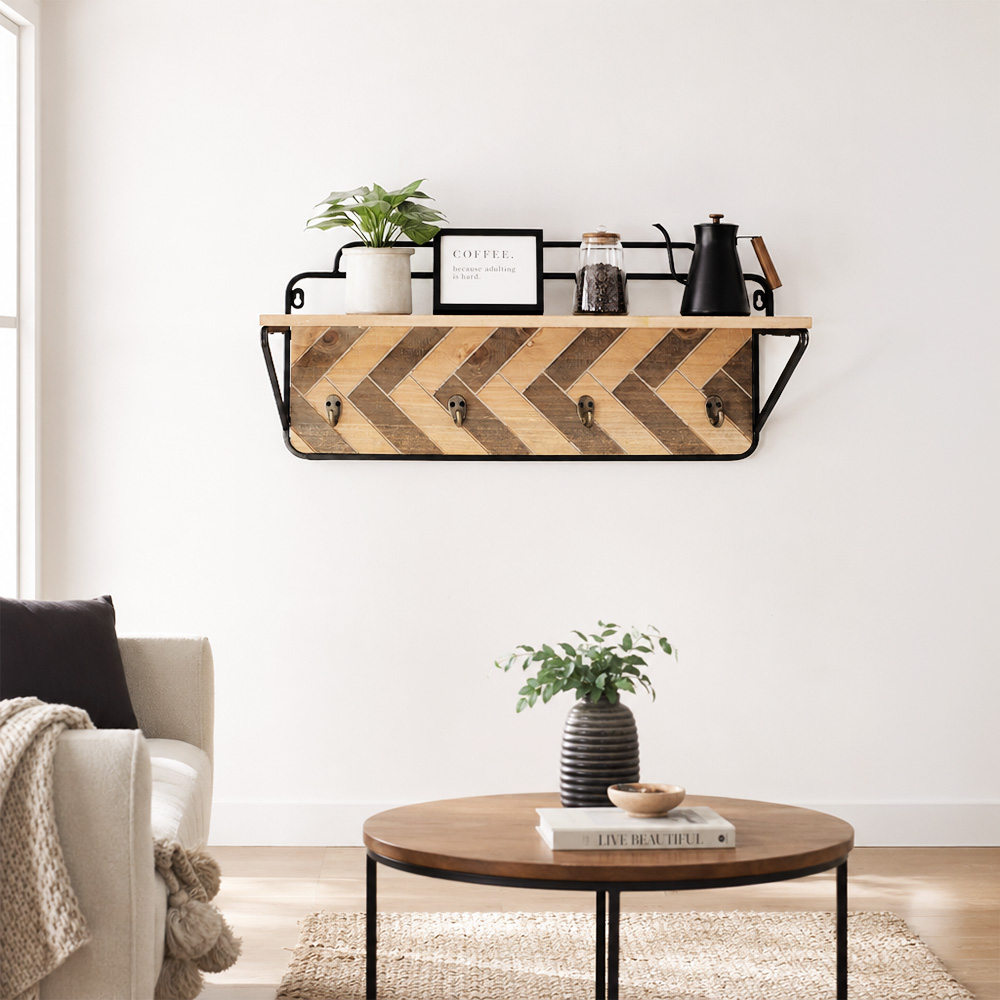 رف كوفي حائط خشبي علاقي عملي