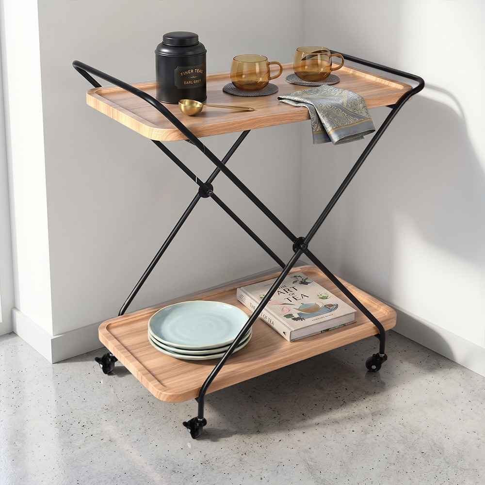 عربة تقديم 2 دور خشب متحركة تصميم عملي