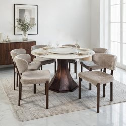 طقم طاولة طعام دائرية مودرن6 كراسي - سطح رخامي أبيض وقاعدة خشبية بني طقم طاولة طعام دائرية مودرن6 كراسي - سطح رخامي أبيض وقاعدة خشبية بني