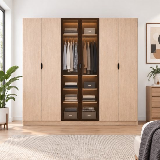 دولاب ملابس مودرن 6 أبواب مع ضلفتين زجاج شفاف دولاب ملابس مودرن 6 أبواب مع ضلفتين زجاج شفاف