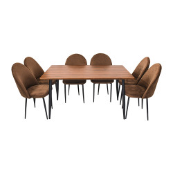 طاولة طعام خشب مع أرجل معدنية 6 كرسي بني
