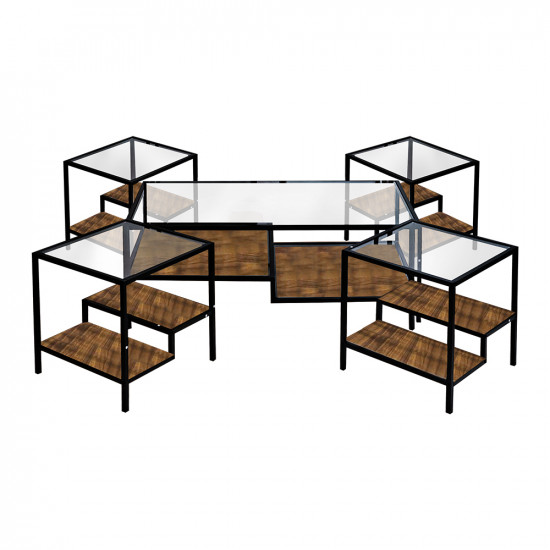 طقم طاولات خدمة 5 قطع من الزجاج والخشب والمعدن 110*45 سم