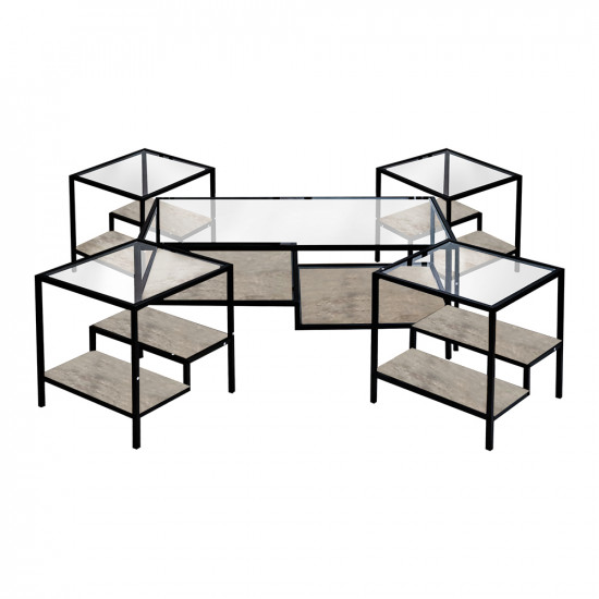 طقم طاولات خدمة 5 قطع من الزجاج والخشب والمعدن أرجل معدنية