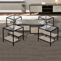 طقم طاولات خدمة 5 قطع من الزجاج والخشب والمعدن أرجل معدنية