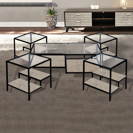 طقم طاولات خدمة 5 قطع من الزجاج والخشب والمعدن أرجل معدنية