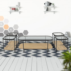 طقم طاولات خدمة 5 قطع من الزجاج والخشب والمعدن لون خشبي 60*45 سم طقم طاولات خدمة 5 قطع من الزجاج والخشب والمعدن لون خشبي 60*45 سم