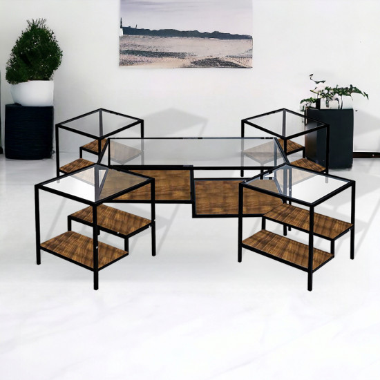 طقم طاولات خدمة 5 قطع من الزجاج والخشب والمعدن 110*45 سم