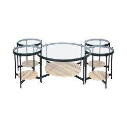 طقم طاولات خدمة 5 قطع من الزجاج والخشب والمعدن بني فاتح 87 سم طقم طاولات خدمة 5 قطع من الزجاج والخشب والمعدن بني فاتح 87 سم