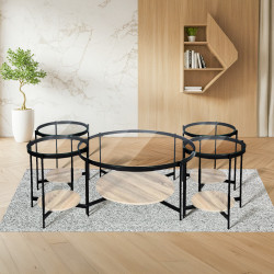 طقم طاولات خدمة 5 قطع من الزجاج والخشب والمعدن بني فاتح 87 سم طقم طاولات خدمة 5 قطع من الزجاج والخشب والمعدن بني فاتح 87 سم