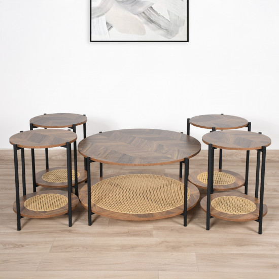 طقم طاولات خدمة 5 قطع من الخشب و الراتان طقم طاولات خدمة 5 قطع من الخشب و الراتان