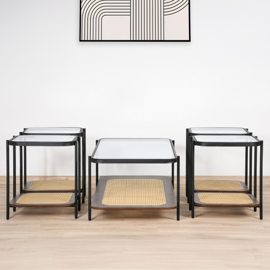 طقم طاولات خدمة 5 قطع من الزجاج والرّاتان طقم طاولات خدمة 5 قطع من الزجاج والرّاتان