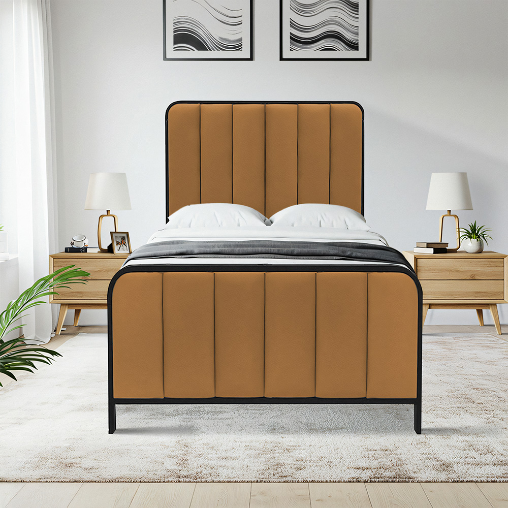 تفاصيل هيكل سرير معدني منجد بني