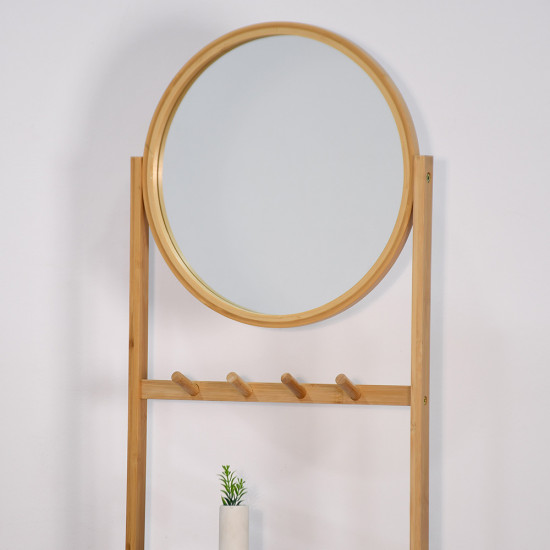 وحدة رفوف خشبية بأدراج قماشية مع مرآة