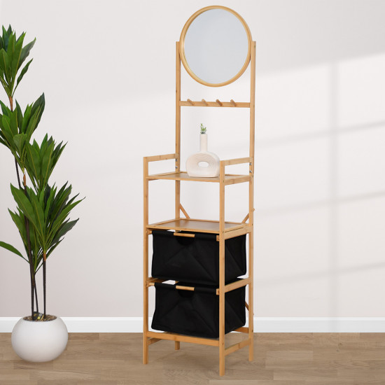 وحدة رفوف خشبية بأدراج قماشية مع مرآة