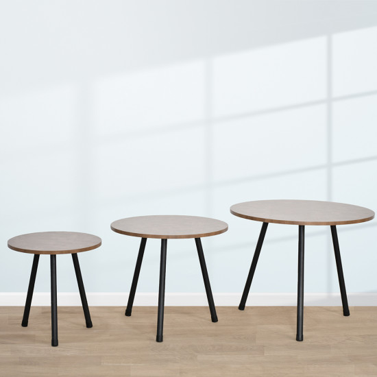 طقم طاولات خدمة خشب بأرجل معدنية 3 قطع بني