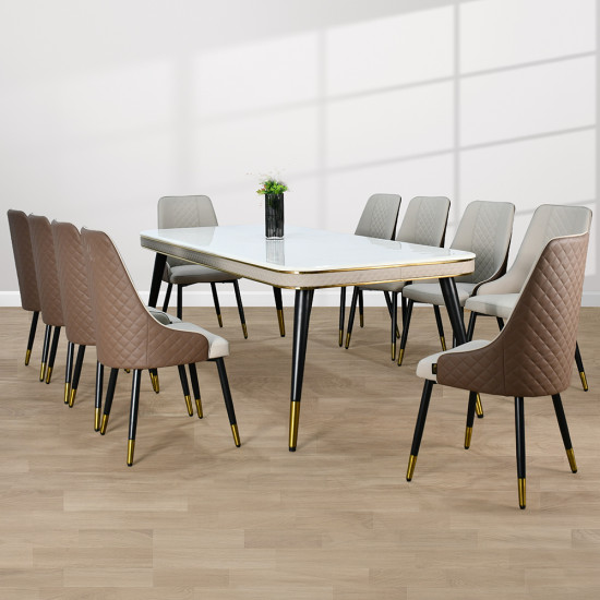 طاولة طعام رخام 10 كراسي من الجلد بأرجل معدنية