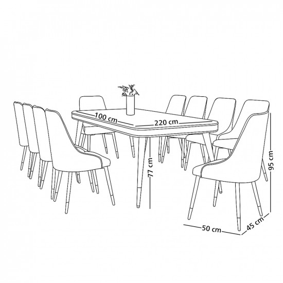 طاولة طعام رخام 10 كراسي من الجلد بأرجل معدنية