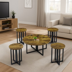 طقم طاولات خدمة 5 قطع من الخشب والمعدن لون بني طقم طاولات خدمة 5 قطع من الخشب والمعدن لون بني