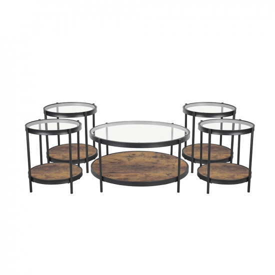طقم طاولات خدمة 5 قطع من الزجاج والخشب والمعدن بني 86 *45 سم طقم طاولات خدمة 5 قطع من الزجاج والخشب والمعدن بني 86 *45 سم