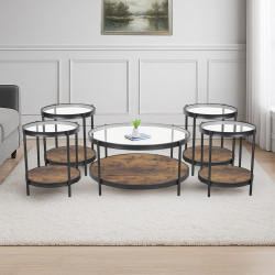 طقم طاولات خدمة 5 قطع من الزجاج والخشب والمعدن بني 86 *45 سم طقم طاولات خدمة 5 قطع من الزجاج والخشب والمعدن بني 86 *45 سم
