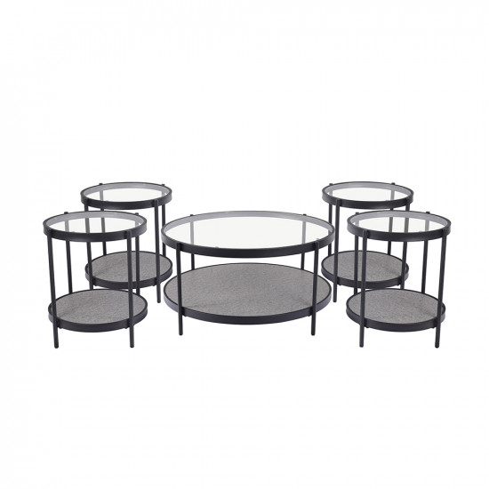 طقم طاولات خدمة 5 قطع من الزجاج والخشب والمعدن رمادي غامق