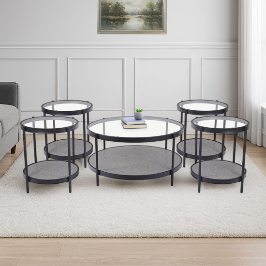 طقم طاولات خدمة 5 قطع من الزجاج والخشب والمعدن رمادي غامق