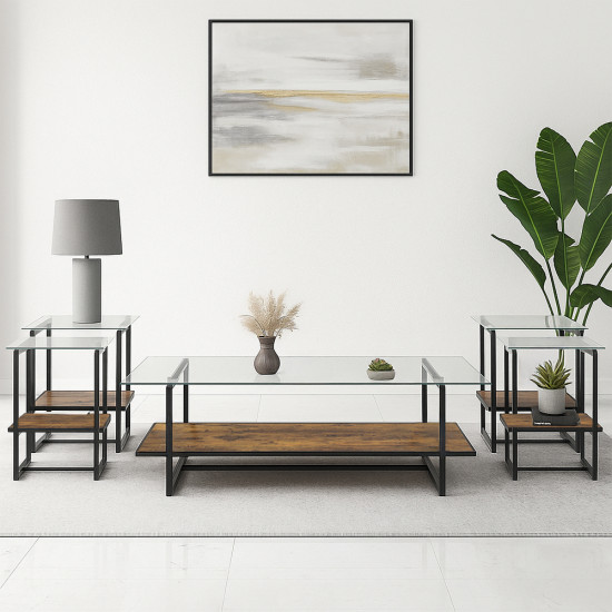 طقم طاولات خدمة 5 قطع من الزجاج والخشب والمعدن طقم طاولات خدمة 5 قطع من الزجاج والخشب والمعدن