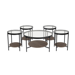 طقم طاولات خدمة 5 قطع من الزجاج والخشب والمعدن لون بني غامق 90*50 سم