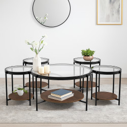 طقم طاولات خدمة 5 قطع من الزجاج والخشب والمعدن لون بني غامق 90*50 سم