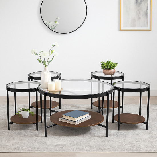 طقم طاولات خدمة 5 قطع من الزجاج والخشب والمعدن لون بني غامق 90*50 سم