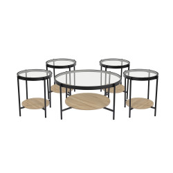 طقم طاولات خدمة 5 قطع من الزجاج والخشب والمعدن خشبي فاتح 90*50 سم