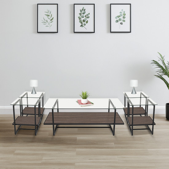 طقم طاولات خدمة 5 قطع من الزجاج والخشب والمعدن ارجل معدنية طقم طاولات خدمة 5 قطع من الزجاج والخشب والمعدن ارجل معدنية