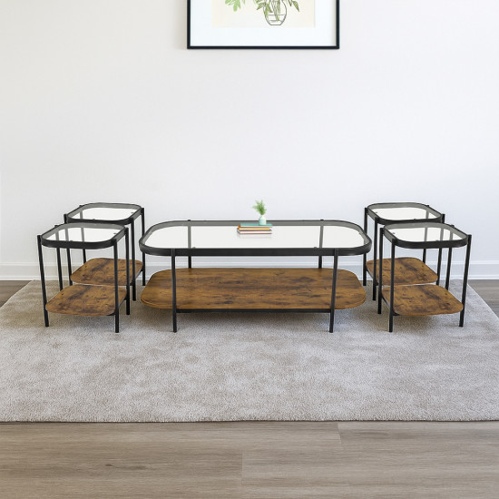 طقم طاولات خدمة 5 قطع من الزجاج والخشب والمعدن لون بني 120*45 سم