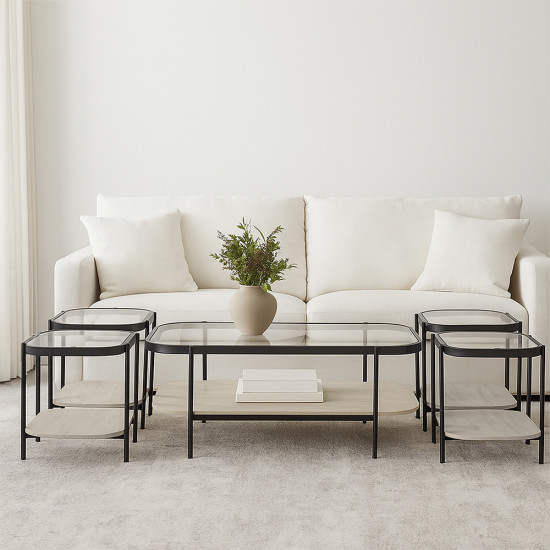 طقم طاولات خدمة 5 قطع من الزجاج والخشب والمعدن 45*55 سم طقم طاولات خدمة 5 قطع من الزجاج والخشب والمعدن 45*55 سم