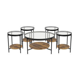 طقم طاولات خدمة 5 قطع من الزجاج والخشب والمعدن 90*50 سم