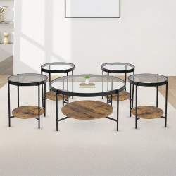 طقم طاولات خدمة 5 قطع من الزجاج والخشب والمعدن 90*50 سم