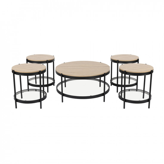 طقم طاولات خدمة 5 قطع من الخشب والزجاج والمعدن 55*55 سم طقم طاولات خدمة 5 قطع من الخشب والزجاج والمعدن 55*55 سم