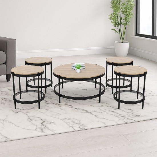 طقم طاولات خدمة 5 قطع من الخشب والزجاج والمعدن 55*55 سم طقم طاولات خدمة 5 قطع من الخشب والزجاج والمعدن 55*55 سم