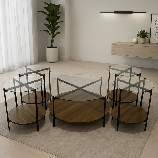 طقم طاولات 5 قطع زجاج لون بني غامق
