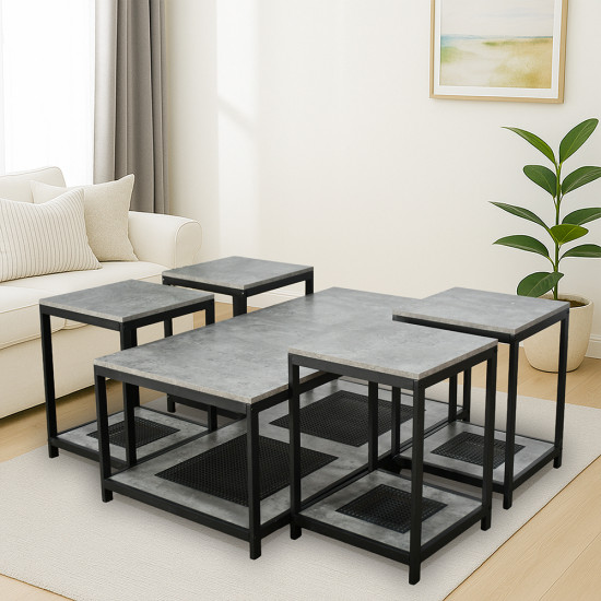 طقم طاولات خدمة 5 قطع 2 دور خشب مع راتان